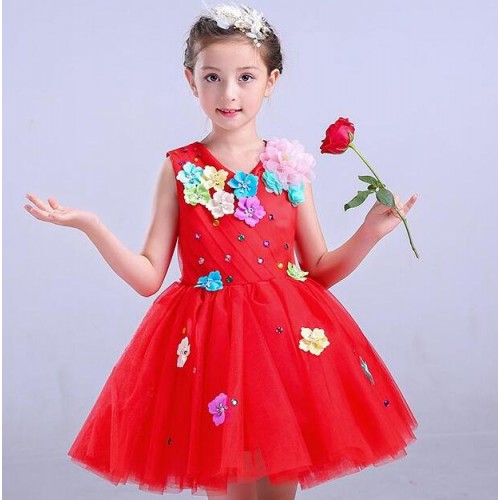 Modern dance princess dresses for girls kids children red green blue pink competition stage singers performance flower girls dresses